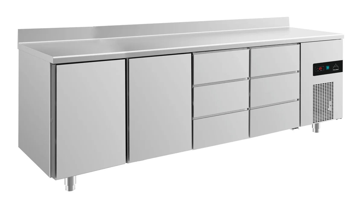 A&S Kühltisch -2 bis +8°C 2330x700x850mm mit 2x Türen und 2x drei Schubladen u. Aufkantung (4TTDDA)
