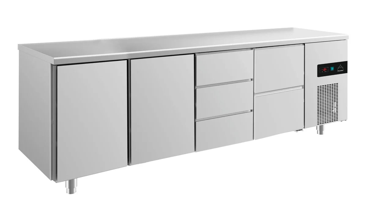 A&S Kühltisch -2 bis +8°C 2330x700x850mm mit 2x Türen, 1x zwei Schubladen und 1x 3 Schubladen (4TTDZ)