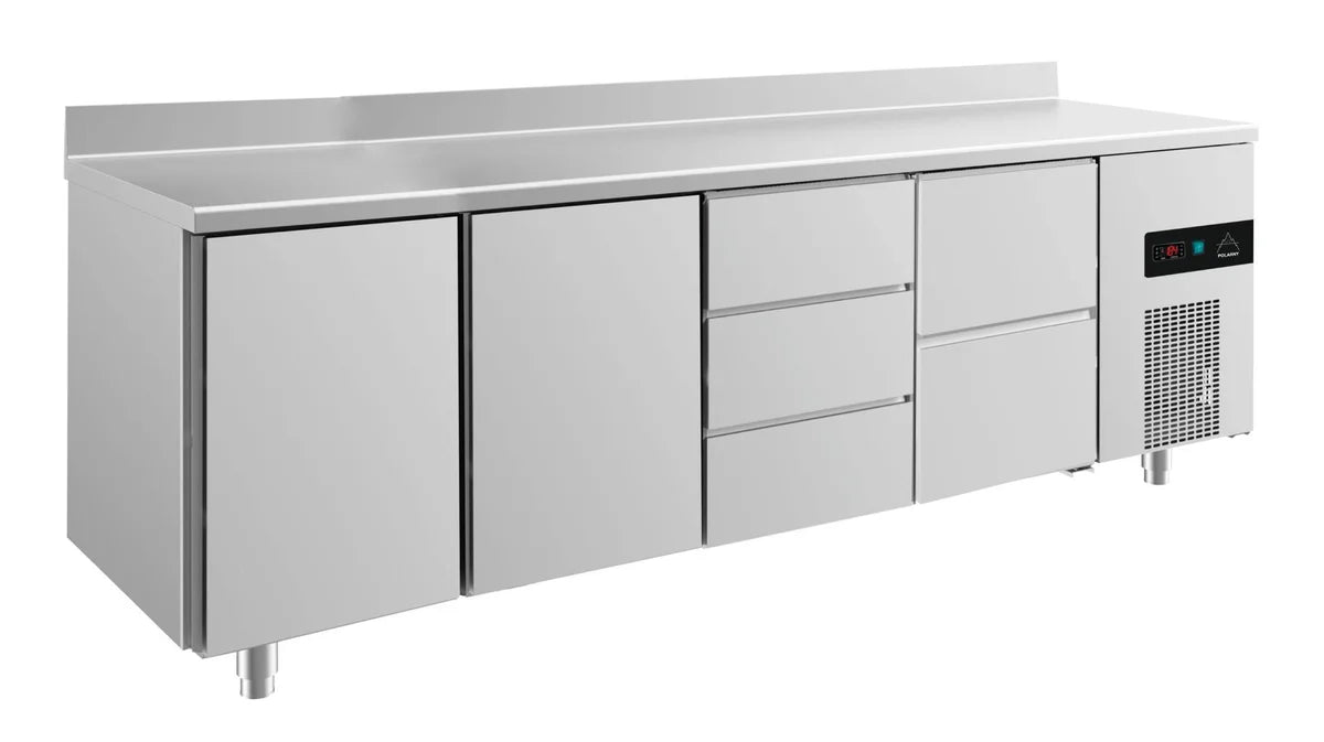 A&S Kühltisch -2 bis +8°C 2330x700x850mm mit 2x Türen, 1x zwei Schubladen und 1x 3 Schubladen u. Aufkantung (4TTDZA)