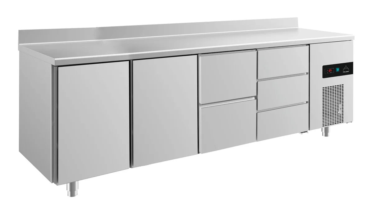 A&S Kühltisch -2 bis +8°C 2330x700x850mm mit 2x Türen, 1x zwei Schubladen und 1x 3 Schubladen u. Aufkantung (4TTZDA)