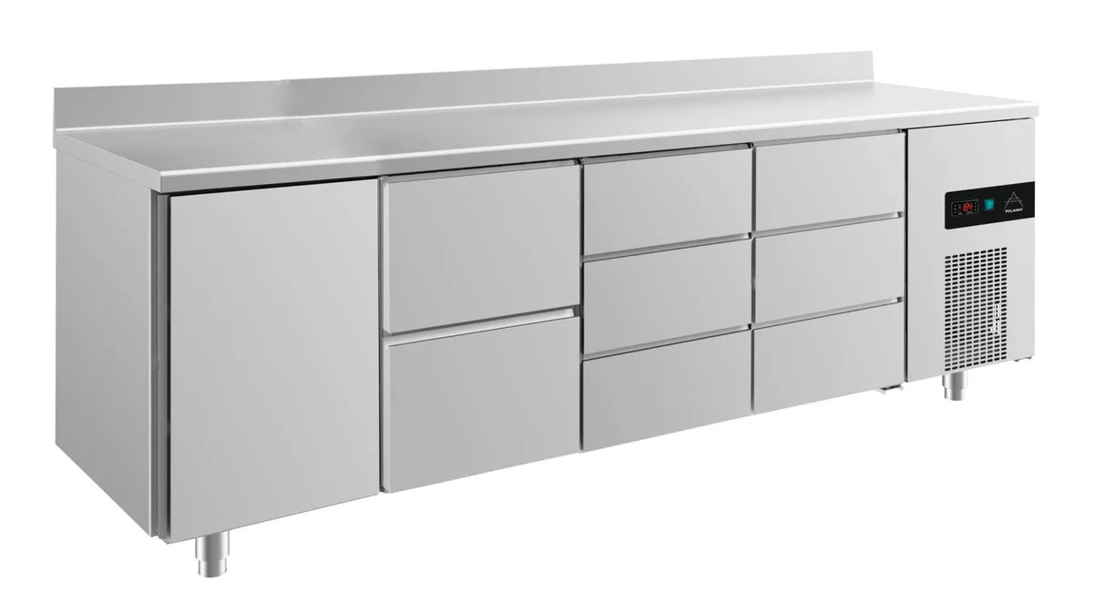 A&S Kühltisch -2 bis +8°C 2330x700x850mm mit 1x Tür, 1x zwei Schubladen und 2x 3 Schubladen u. Aufkantung (4TZDDA)