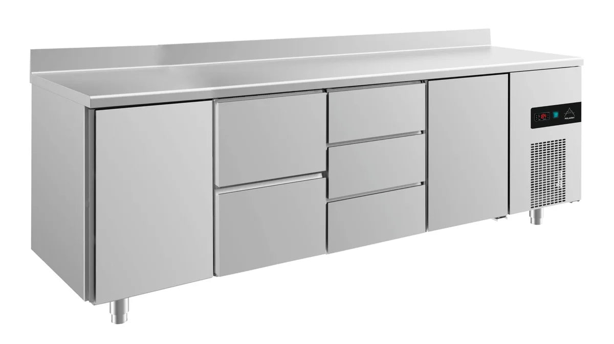 A&S Kühltisch -2 bis +8°C 2330x700x850mm mit 2x Türen, 1x zwei Schubladen und 1x 3 Schubladen u. Aufkantung (4TZDTA)
