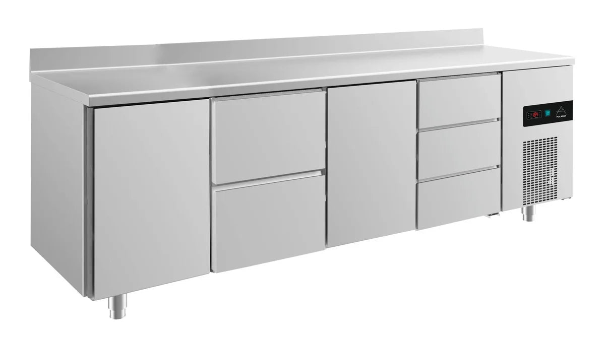 A&S Kühltisch -2 bis +8°C 2330x700x850mm mit 2x Türen, 1x zwei Schubladen und 1x 3 Schubladen u. Aufkantung (4TZTDA)