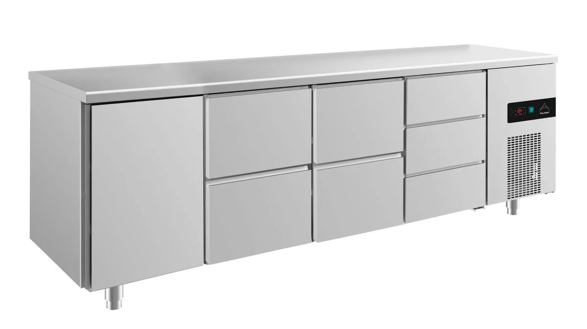 A&S Kühltisch -2 bis +8°C 2330x700x850mm mit 1x Tür, 2x zwei Schubladen und 1x 3 Schubladen (4TZZD)