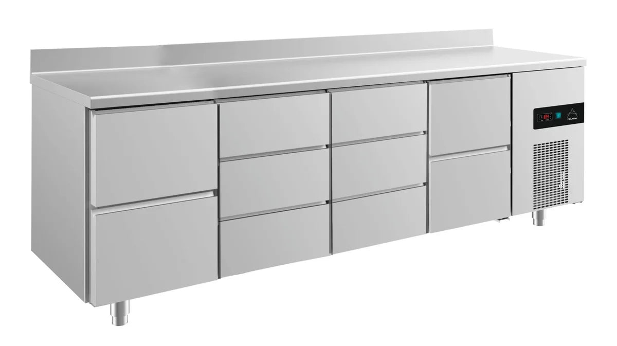 A&S Kühltisch -2 bis +8°C 2330x700x850mm mit 2x zwei Schubladen und 2x drei Schubladen u. Aufkantung (4ZDDZA)