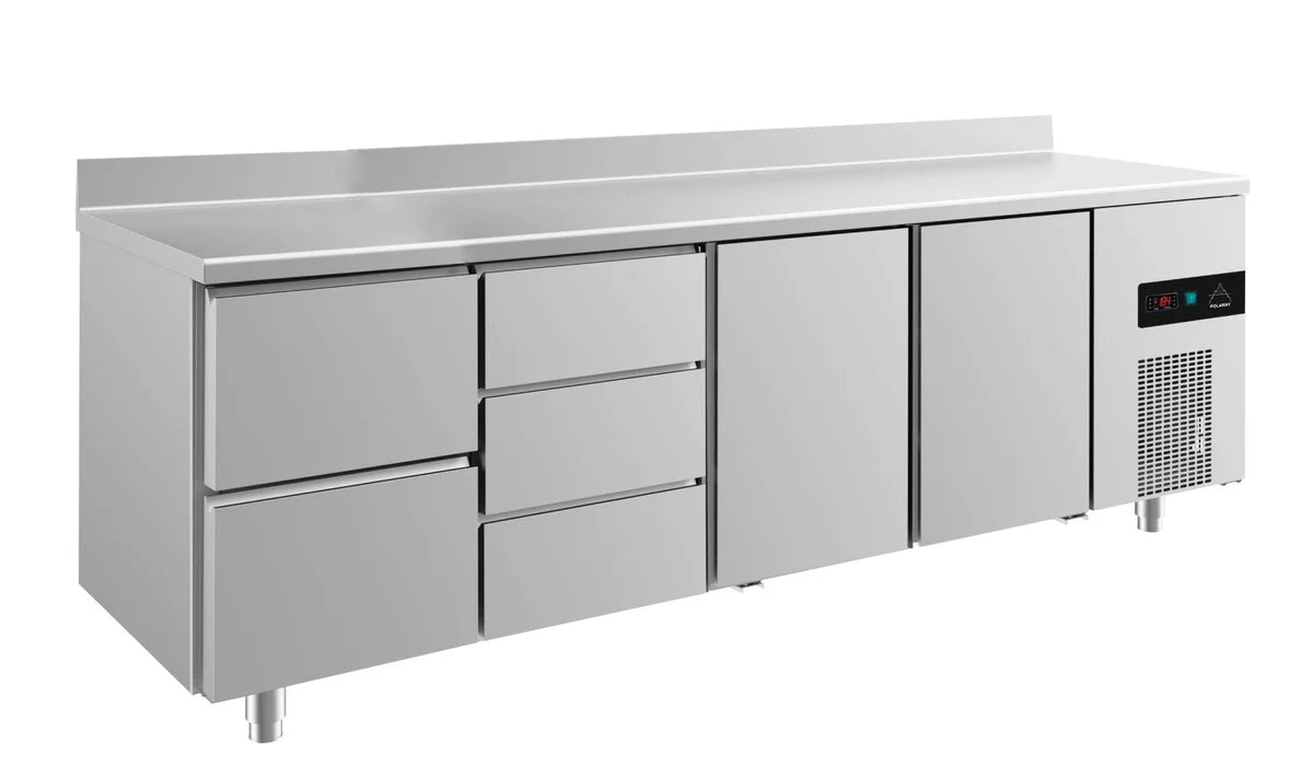 A&S Kühltisch -2 bis +8°C 2330x700x850mm mit 2x Türen, 1x zwei Schubladen und 1x 3 Schubladen u. Aufkantung (4ZDTTA)