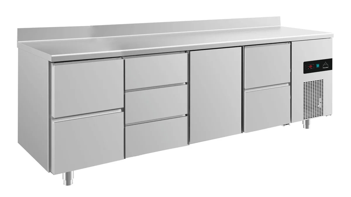 A&S Kühltisch -2 bis +8°C 2330x700x850mm mit 1x Tür, 2x zwei Schubladen und 1x 3 Schubladen u. Aufkantung (4ZDTZA)
