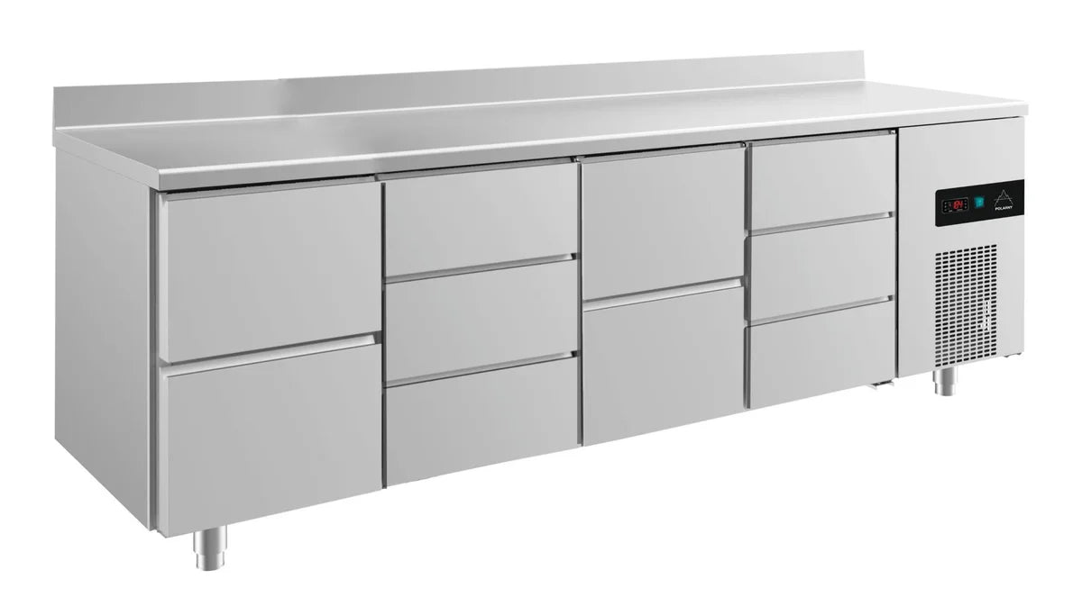A&S Kühltisch -2 bis +8°C 2330x700x850mm mit 2x zwei Schubladen und 2x drei Schubladen u. Aufkantung (4ZDZDA)