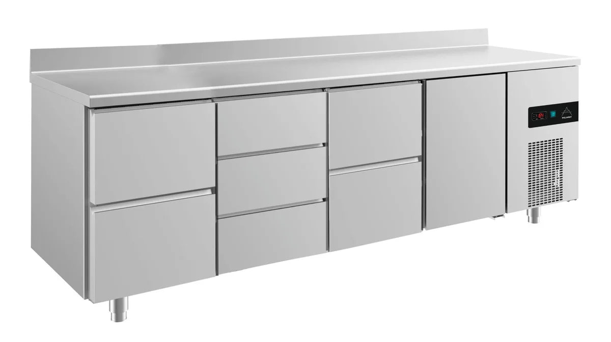 A&S Kühltisch -2 bis +8°C 2330x700x850mm mit 1x Tür, 2x zwei Schubladen und 1x 3 Schubladen u. Aufkantung (4ZDZTA)