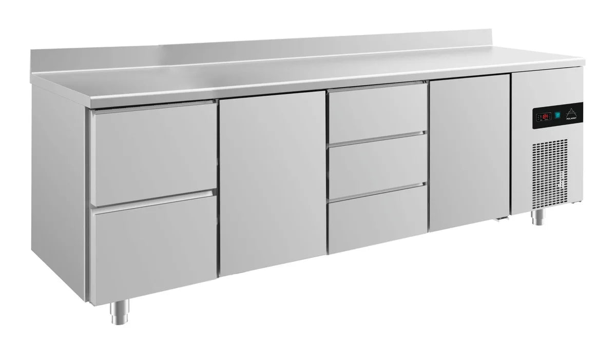 A&S Kühltisch -2 bis +8°C 2330x700x850mm mit 2x Türen, 1x zwei Schubladen und 1x 3 Schubladen u. Aufkantung (4ZTDTA)
