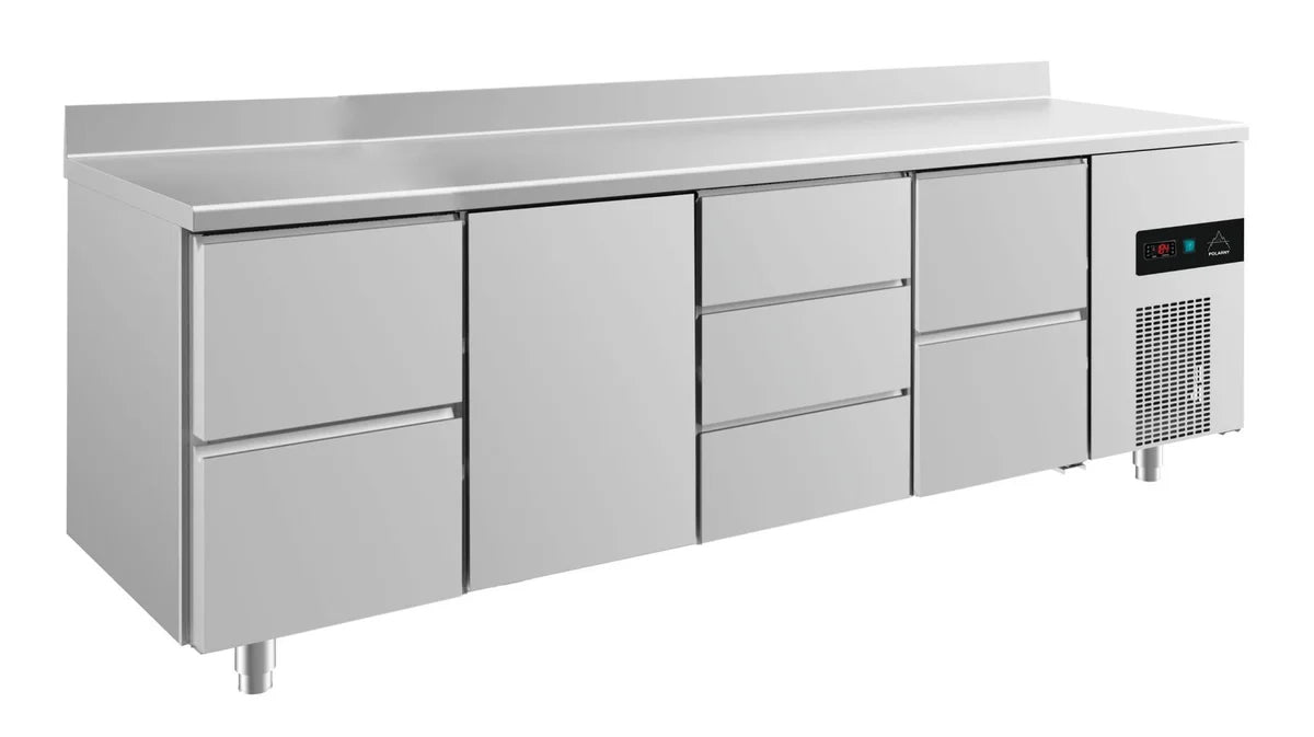 A&S Kühltisch -2 bis +8°C 2330x700x850mm mit 1x Tür, 2x zwei Schubladen und 1x 3 Schubladen u. Aufkantung (4ZTDZA)
