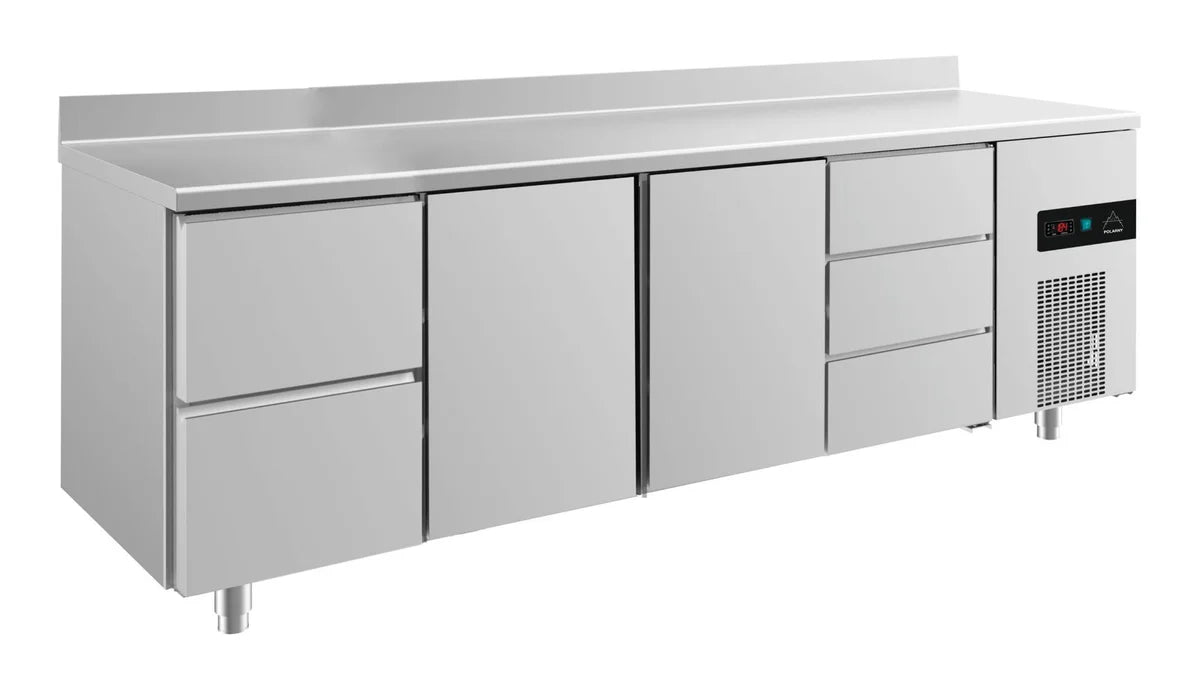 A&S Kühltisch -2 bis +8°C 2330x700x850mm mit 2x Türen, 1x zwei Schubladen und 1x 3 Schubladen u. Aufkantung (4ZTTDA)