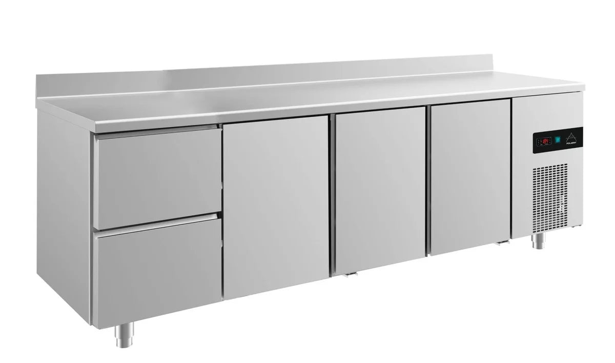 A&S Kühltisch -2 bis +8°C 2330x700x850mm mit 3x Türen und 1x zwei Schubladen u. Aufkantung (4ZTTTA)
