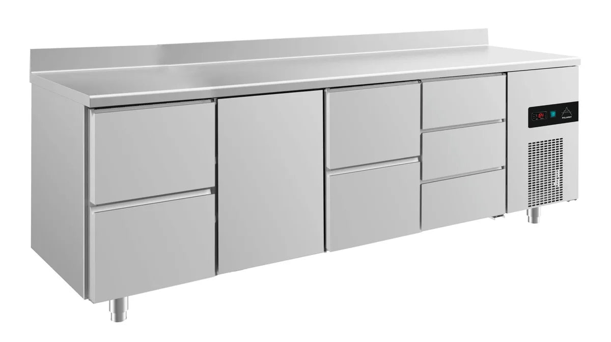 A&S Kühltisch -2 bis +8°C 2330x700x850mm mit 1x Tür, 2x zwei Schubladen und 1x 3 Schubladen u. Aufkantung (4ZTZDA)