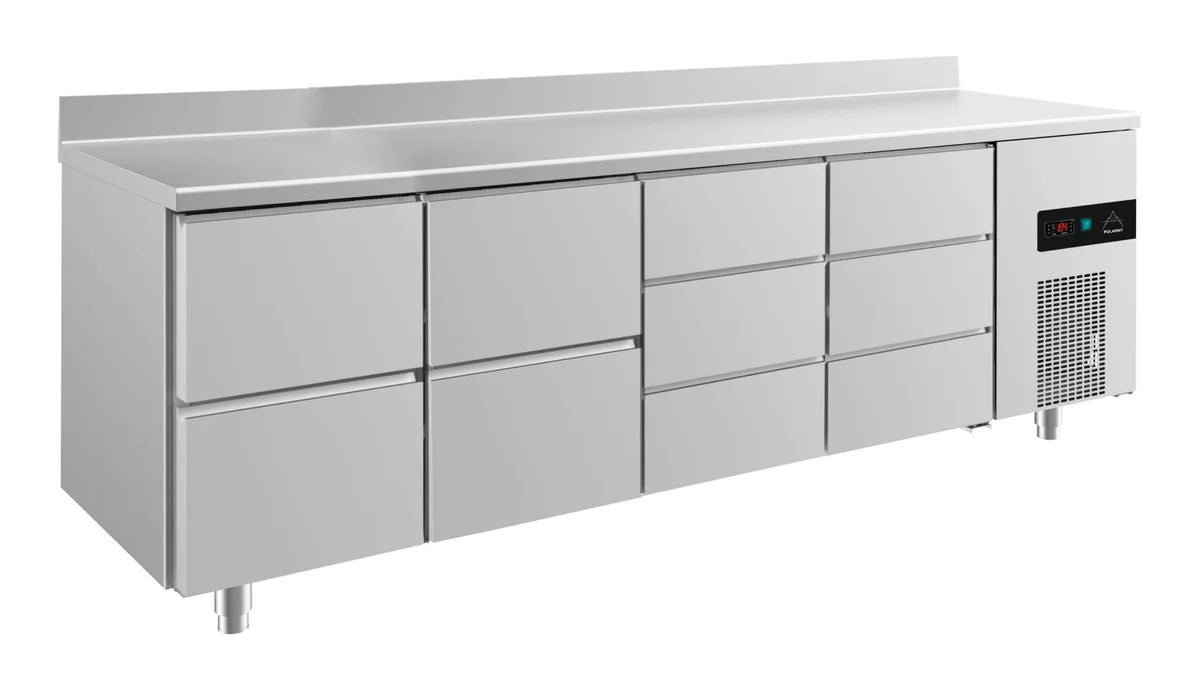 A&S Kühltisch -2 bis +8°C 2330x700x850mm mit 2x zwei Schubladen und 2x drei Schubladen u. Aufkantung (4ZZDDA)