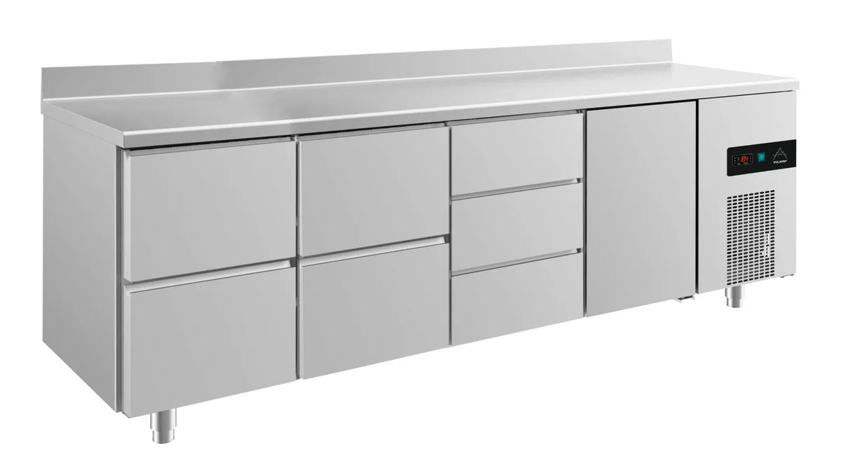 A&S Kühltisch -2 bis +8°C 2330x700x850mm mit 1x Tür und 3x zwei Schubladen u. Aufkantung (4ZZDTA)