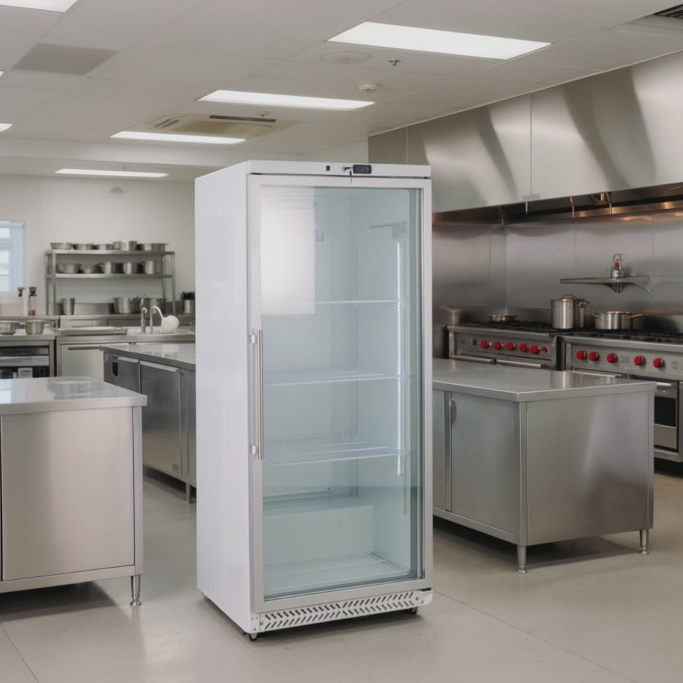 Lagerkühlschrank ECO 590 Liter Kühlvolumen, mit 1 Glastür, abschließbar, LED, weiß